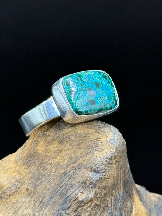 Malachite Chrysocolla Ring w/Square Band US Size 7.5