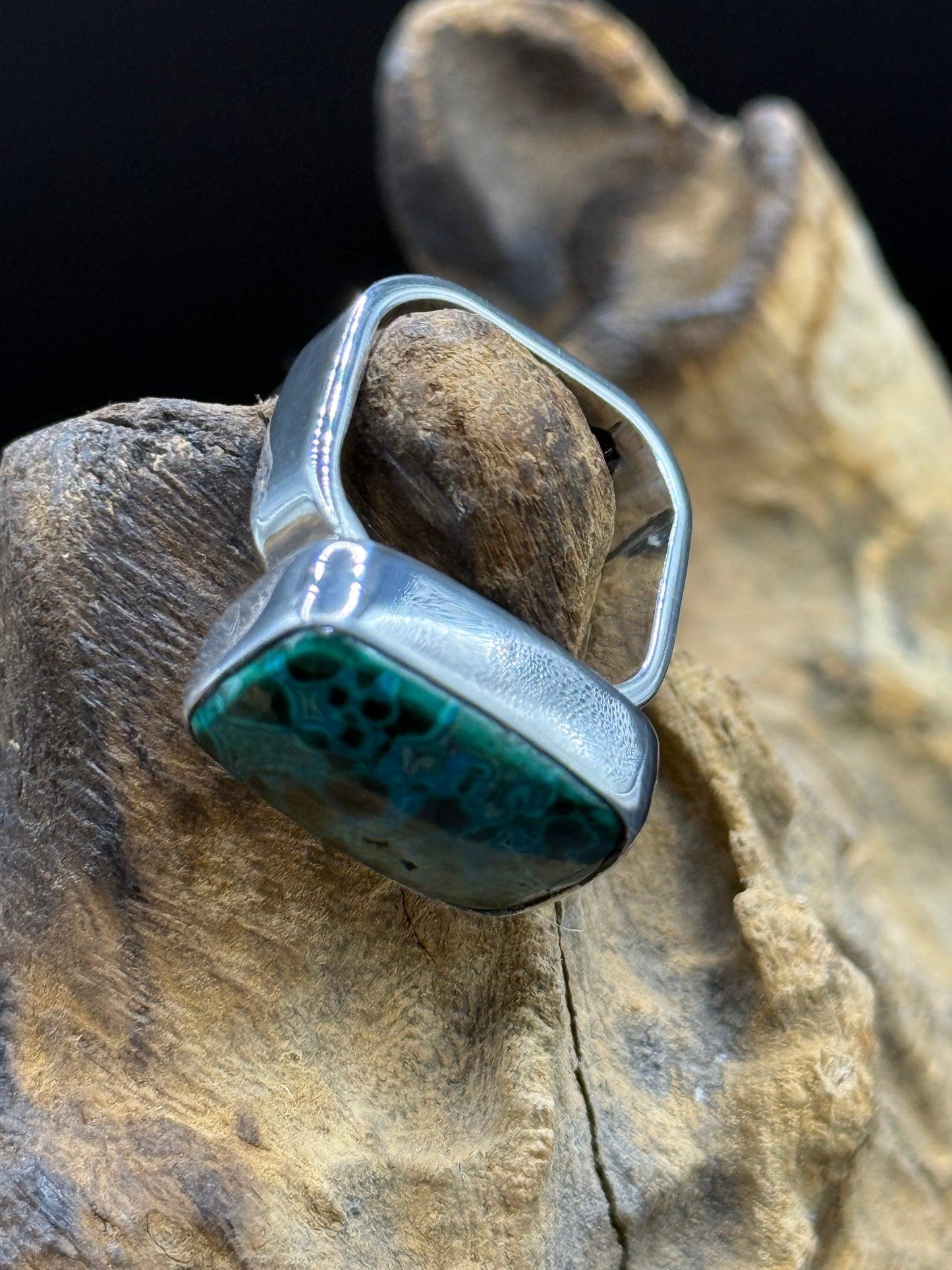 Malachite Chrysocolla Ring w/Square Band US Size 7.5