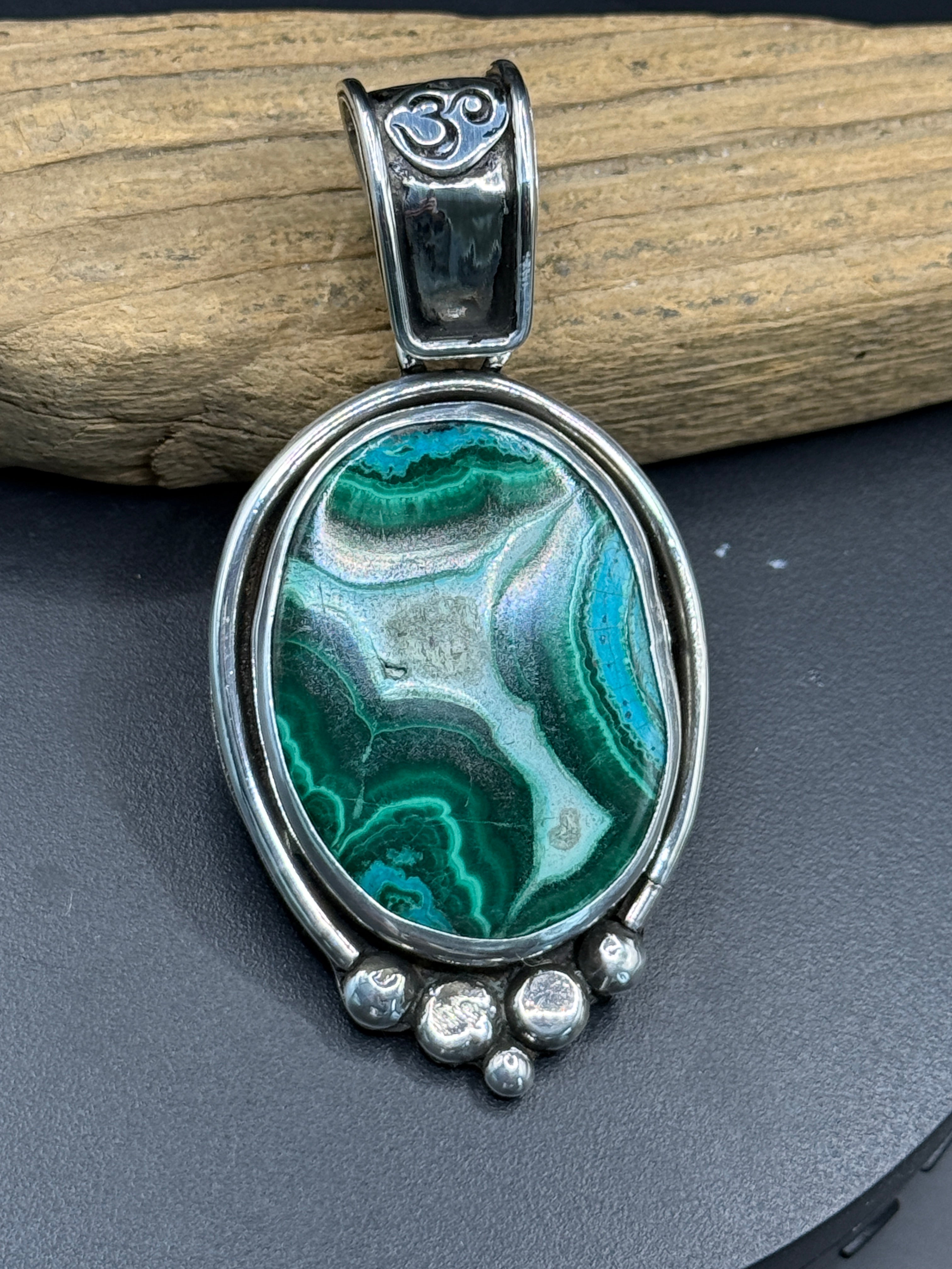 Malachite Chrysocolla Pendant with Ohm Symbol in Sterling Silver