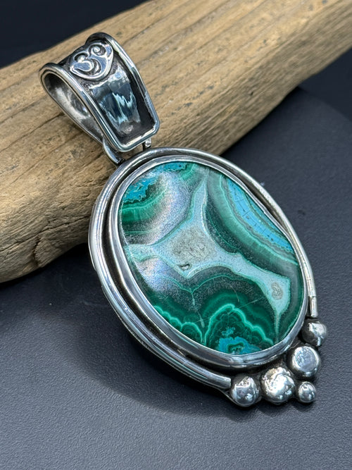 Malachite Chrysocolla Pendant with Ohm Symbol in Sterling Silver
