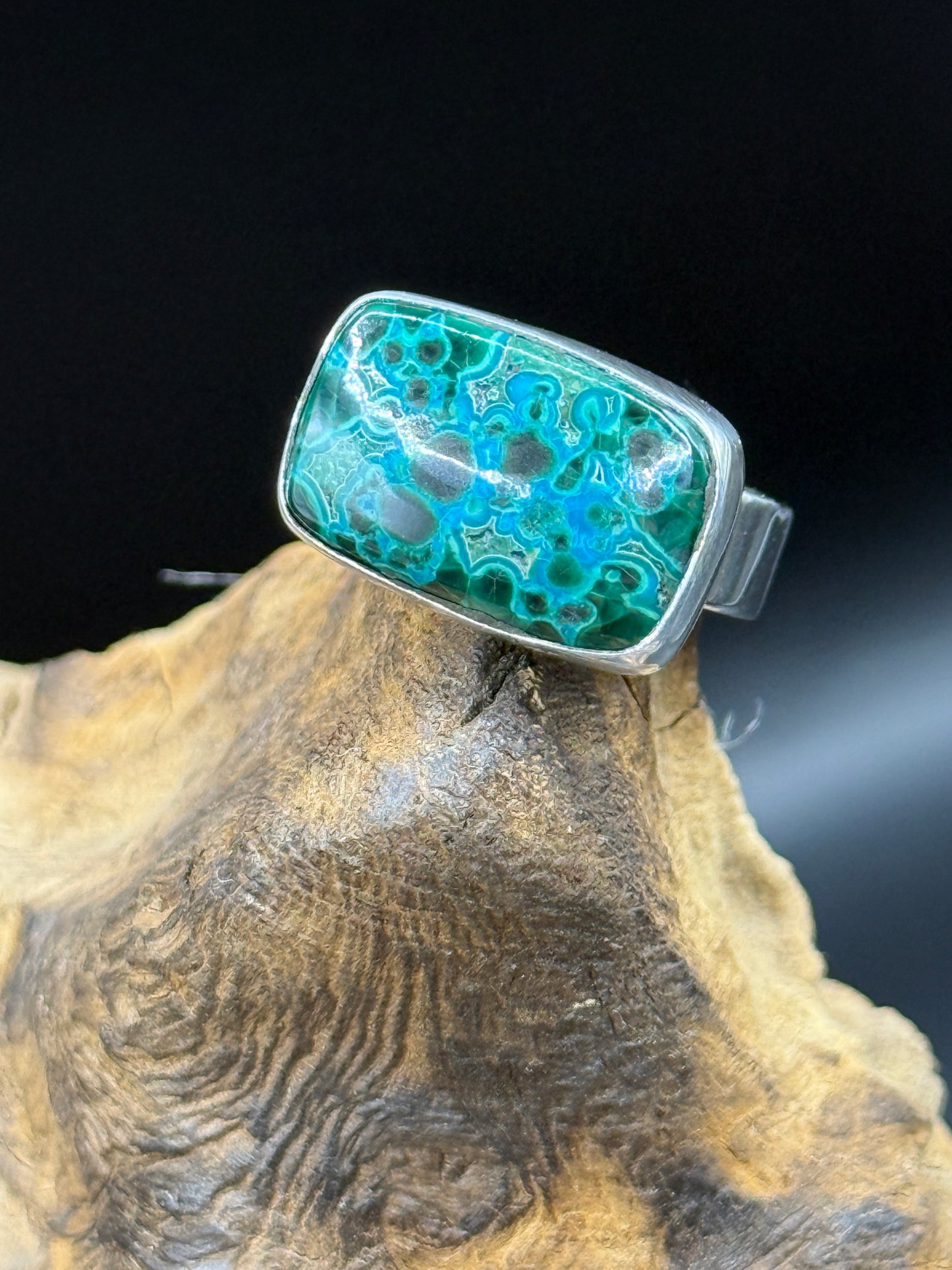 Malachite Chrysocolla Ring w/Square Band US Size 7.5