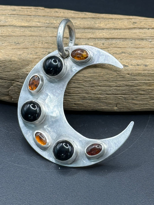 Hand Made Sterling Silver Moon Pendant with Baltic Amber and Black Onyx