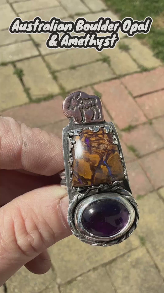 Statement Ring, Australian Boulder Opal & Amethyst Ring